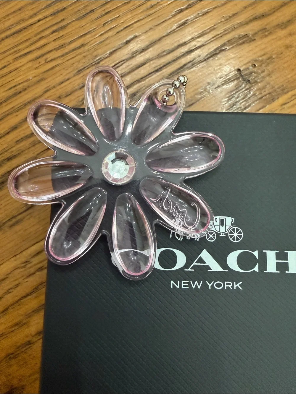Coach Pink Flower Acrylic Bag Charm with Crystal Accent